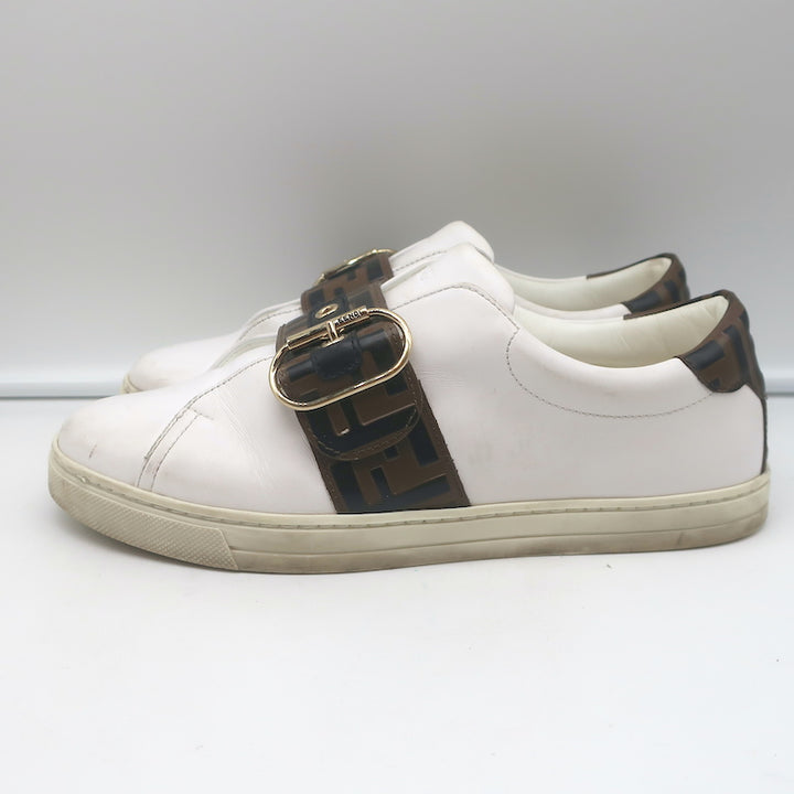 Fendi FF Logo Strap Low Top Sneakers White Leather Size 40