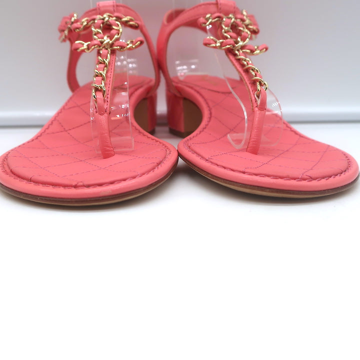 Chanel CC Chain Link T-Strap Sandals Pink Quilted Leather Size 36 NEW