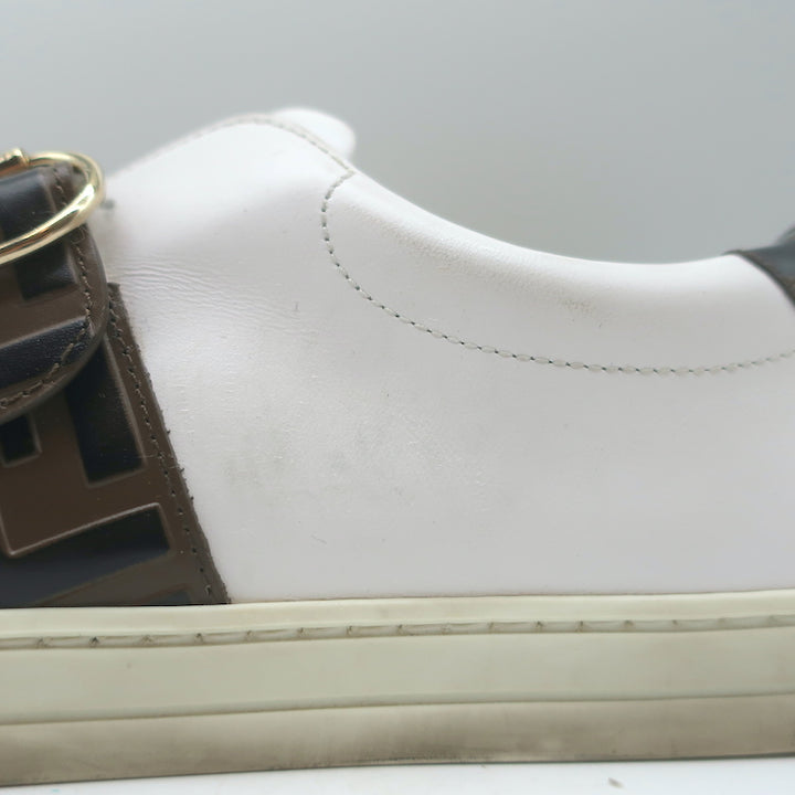 Fendi FF Logo Strap Low Top Sneakers White Leather Size 40