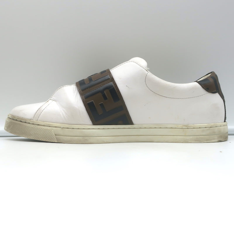 Fendi FF Logo Strap Low Top Sneakers White Leather Size 40