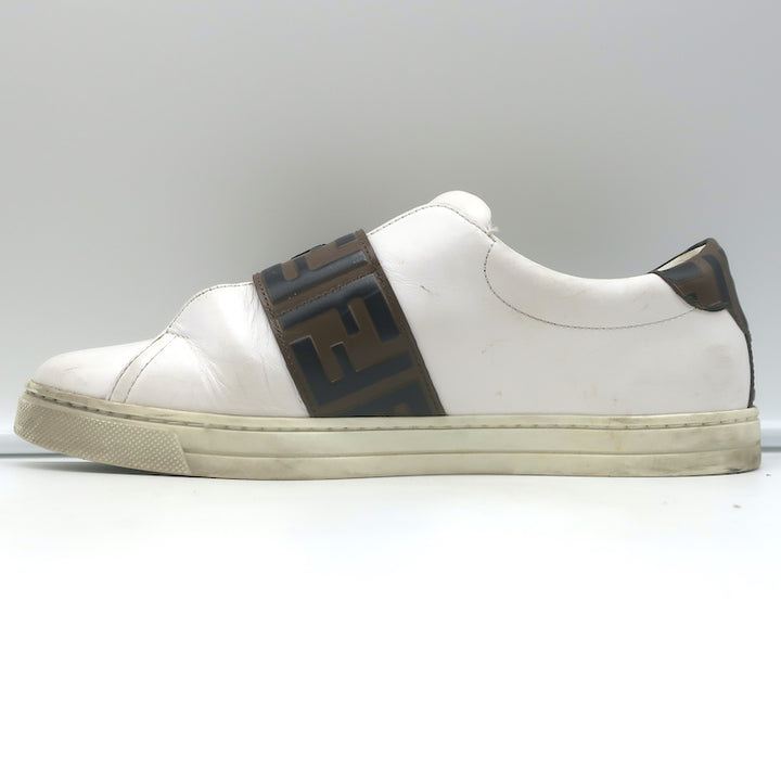 Fendi FF Logo Strap Low Top Sneakers White Leather Size 40