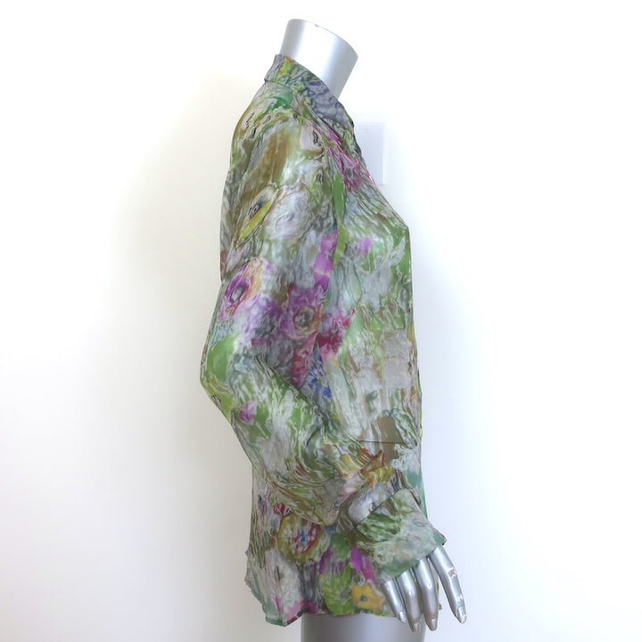 Dries Van Noten Cloudy Floral Print Button-Front Blouse Green/Multi Silk Size 42