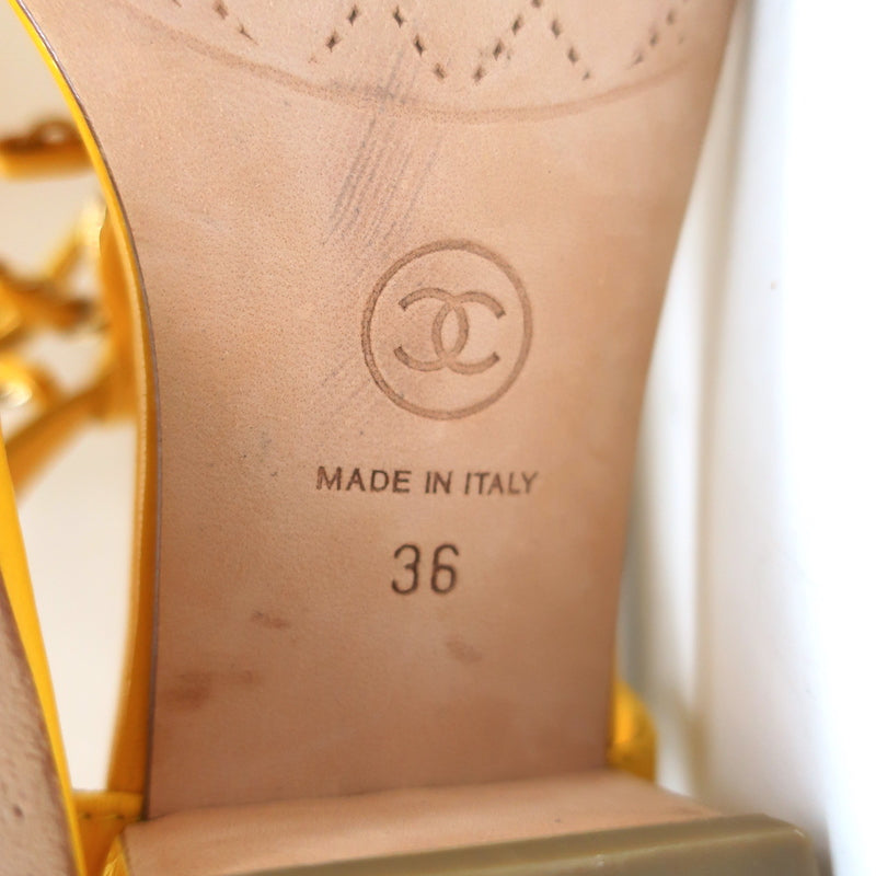 Chanel CC Chain Link T-Strap Sandals Yellow Quilted Leather Size 36