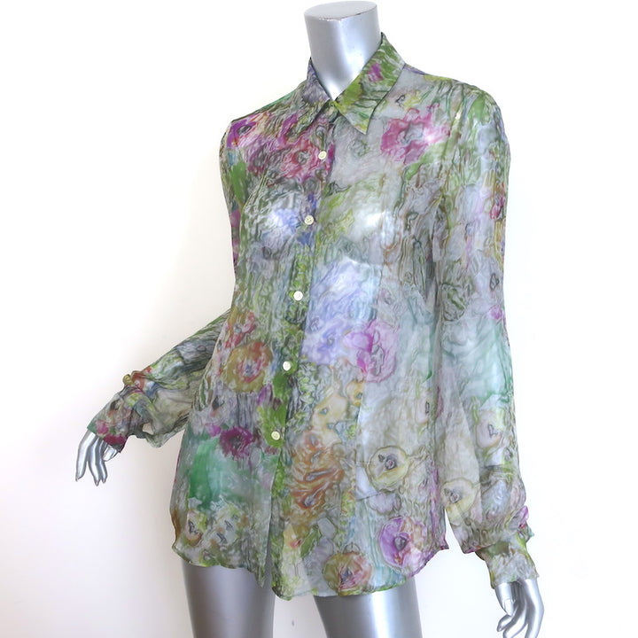 Dries Van Noten Cloudy Floral Print Button-Front Blouse Green/Multi Silk Size 42