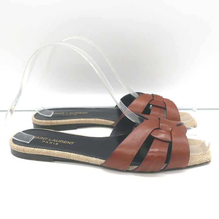 Saint Laurent Nu Pieds Tribute Slide Sandals Brown Leather &amp; Canvas Size 36.5