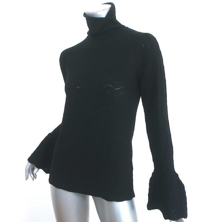 Co Bell Sleeve Turtleneck Sweater Black Wool-Blend Pointelle Knit Size Medium