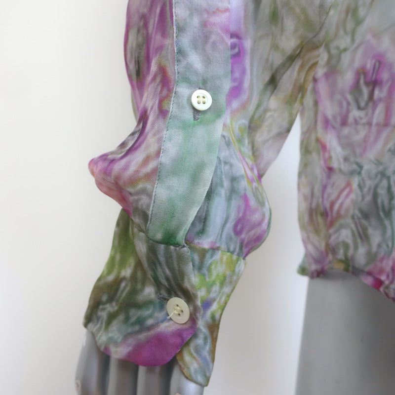 Dries Van Noten Cloudy Floral Print Button-Front Blouse Green/Multi Silk Size 42