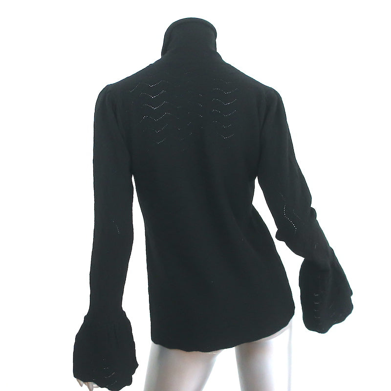 Co Bell Sleeve Turtleneck Sweater Black Wool-Blend Pointelle Knit Size Medium