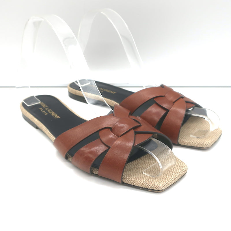 Saint Laurent Nu Pieds Tribute Slide Sandals Brown Leather