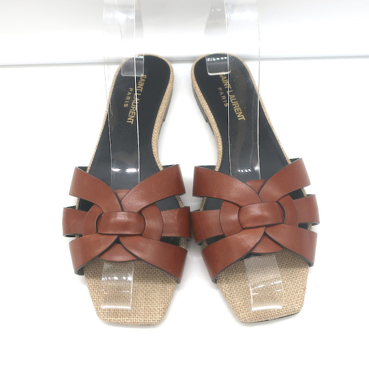 Saint Laurent Nu Pieds Tribute Slide Sandals Brown Leather &amp; Canvas Size 36.5