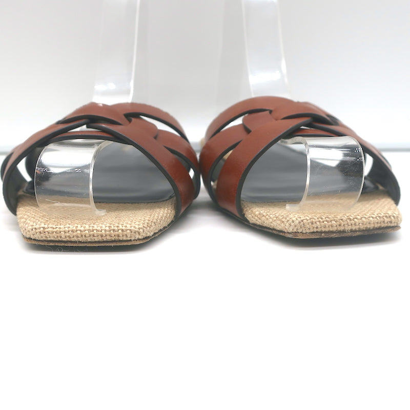 Saint Laurent Nu Pieds Tribute Slide Sandals Brown Leather &amp; Canvas Size 36.5