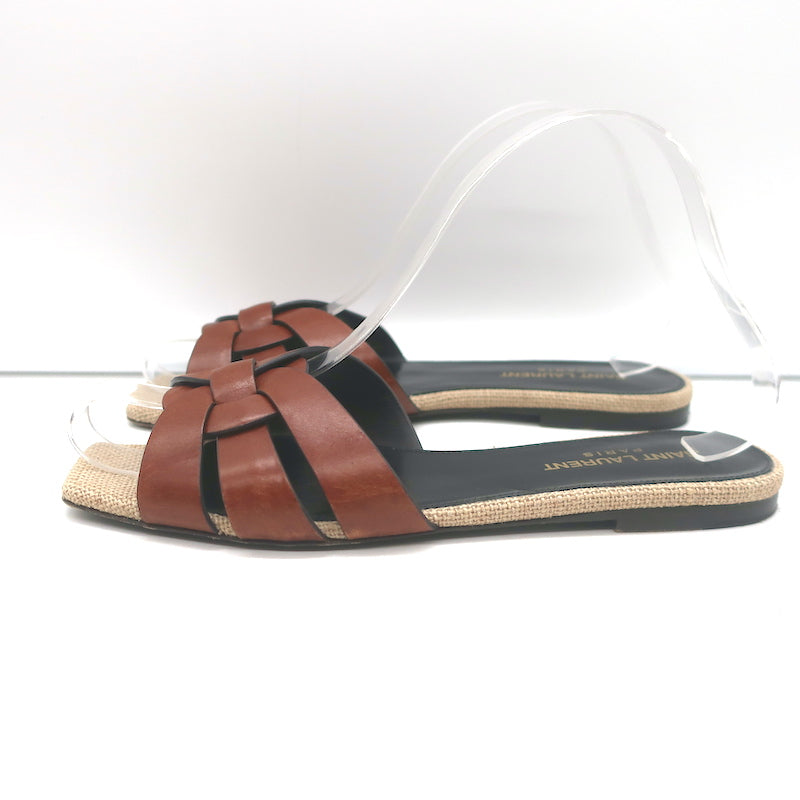 Saint Laurent Nu Pieds Tribute Slide Sandals Brown Leather &amp; Canvas Size 36.5