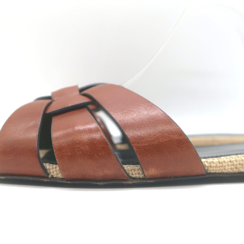 Saint Laurent Nu Pieds Tribute Slide Sandals Brown Leather &amp; Canvas Size 36.5