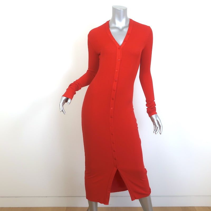 Enza Costa Long Sleeve Cardigan Midi Dress Red Silk-Blend Rib Knit Siz Celebrity Owned Enza Costa Long Sleeve Cardigan Midi Dress Red Silk-Blend Rib Knit Siz Celebrity Owned
