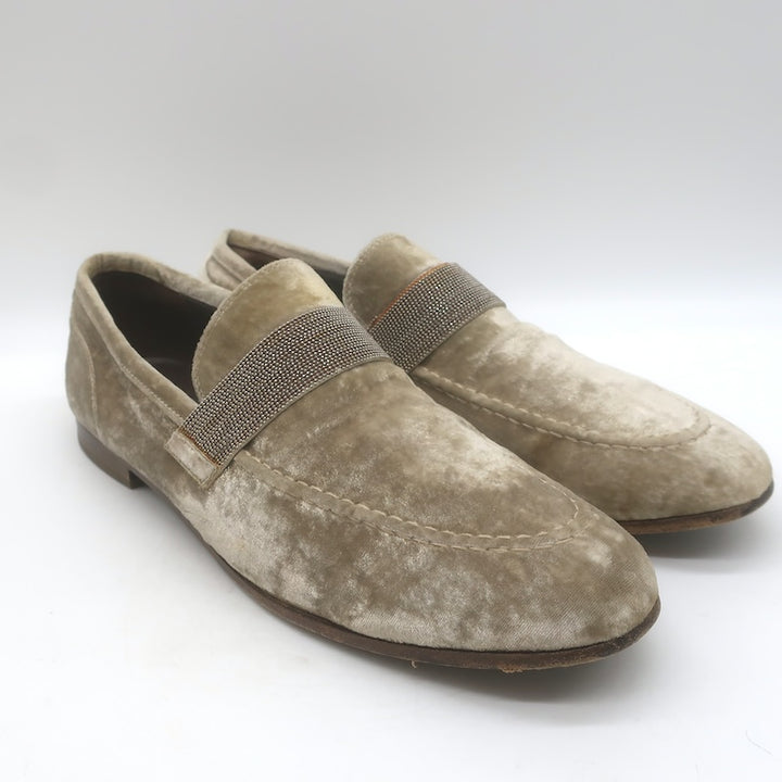 Brunello Cucinelli Monili-Beaded Velvet Loafers Metallic Beige Size 41/ US 10.5