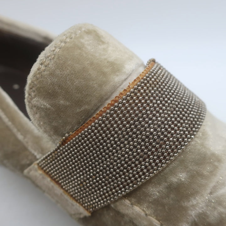 Brunello Cucinelli Monili-Beaded Velvet Loafers Metallic Beige Size 41/ US 10.5