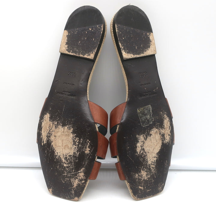 Saint Laurent Nu Pieds Tribute Slide Sandals Brown Leather &amp; Canvas Size 36.5