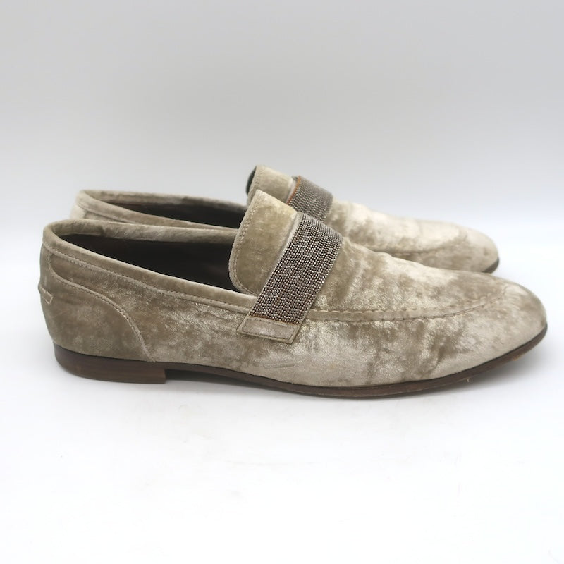 Brunello Cucinelli Monili-Beaded Velvet Loafers Metallic Beige Size 41/ US 10.5