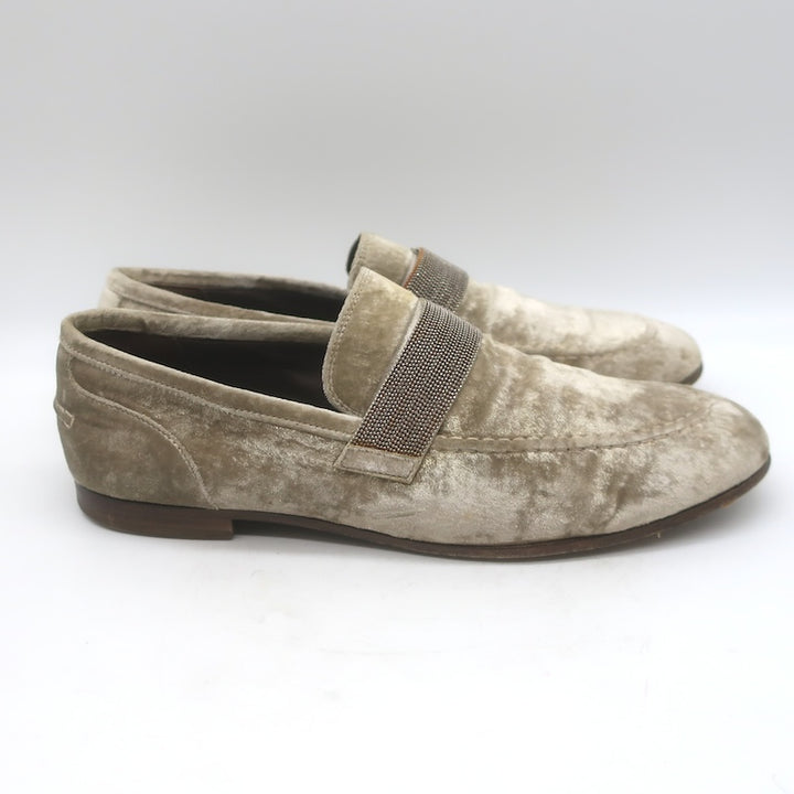 Brunello Cucinelli Monili-Beaded Velvet Loafers Metallic Beige Size 41/ US 10.5
