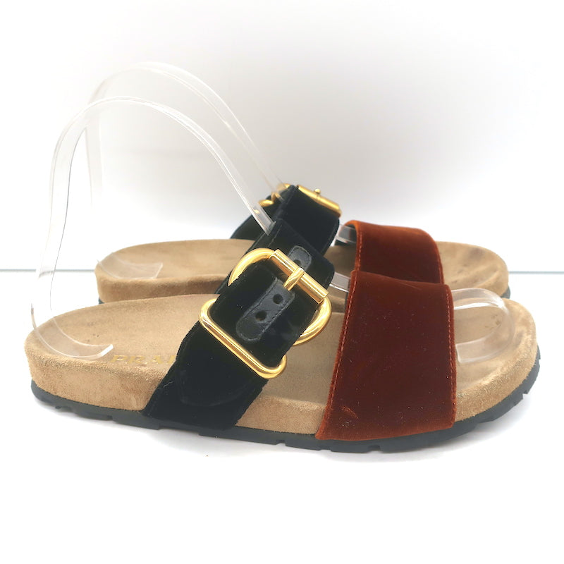 Prada Double-Strap Velvet Slide Sandals Brown &amp; Black Size 36