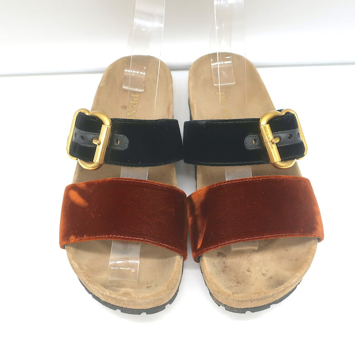 Prada Double-Strap Velvet Slide Sandals Brown &amp; Black Size 36