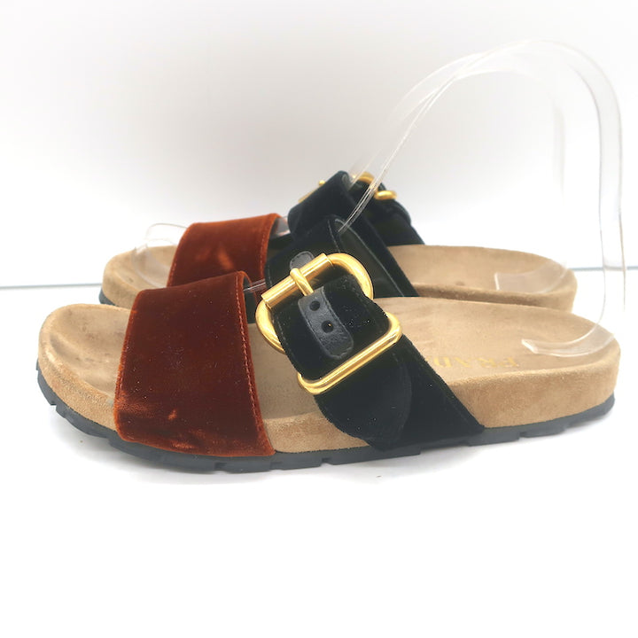 Prada Double-Strap Velvet Slide Sandals Brown &amp; Black Size 36