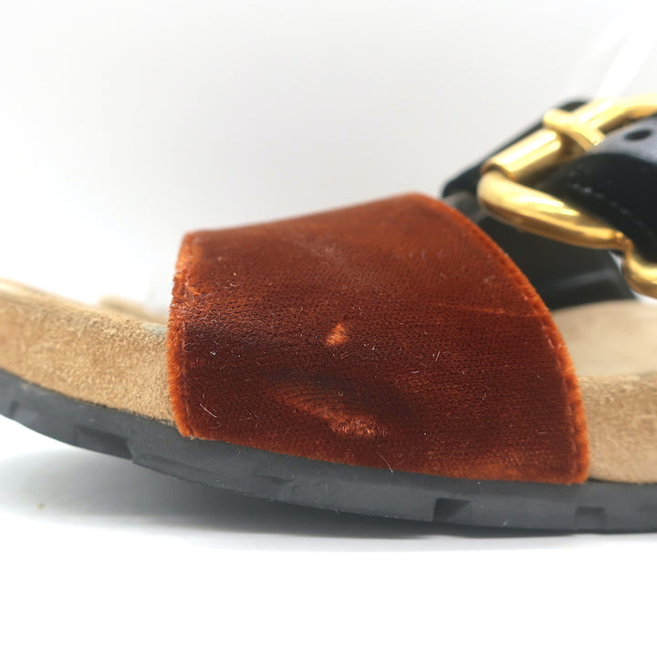 Prada Double-Strap Velvet Slide Sandals Brown &amp; Black Size 36