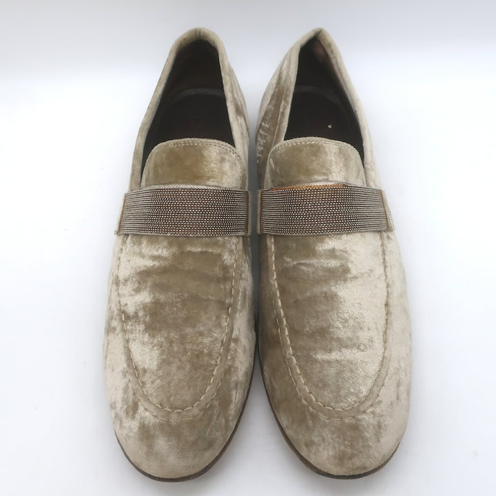 Brunello Cucinelli Monili-Beaded Velvet Loafers Metallic Beige Size 41/ US 10.5