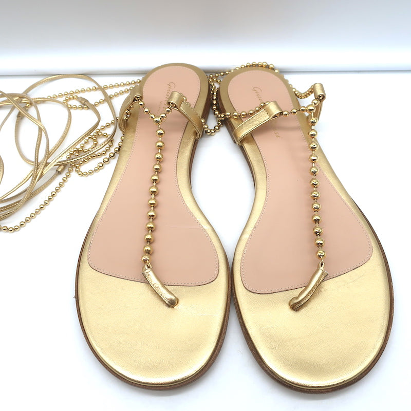 Gianvito Rossi Soleil Beaded Ankle Wrap Thong Sandals Gold Leather Size 40