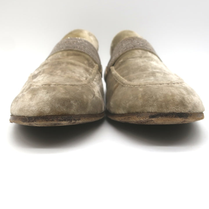 Brunello Cucinelli Monili-Beaded Velvet Loafers Metallic Beige Size 41/ US 10.5