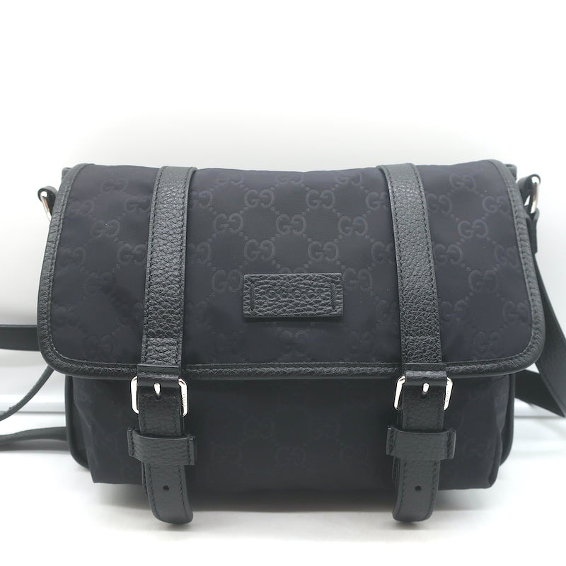 Gucci GG Monogram Double Buckle Flap Messenger Bag Black Nylon