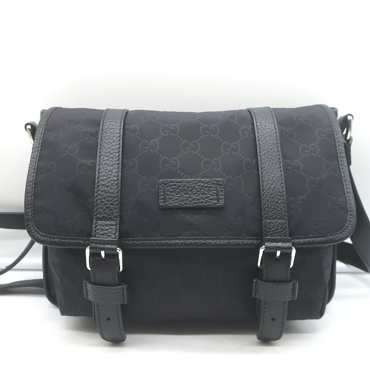 Gucci GG Monogram Double Buckle Flap Messenger Bag Black Nylon