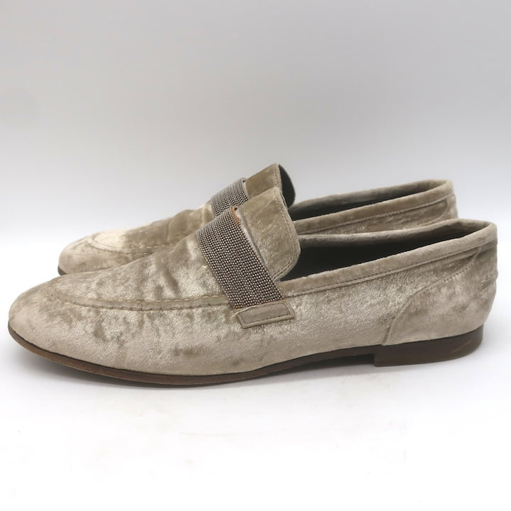 Brunello Cucinelli Monili-Beaded Velvet Loafers Metallic Beige Size 41/ US 10.5