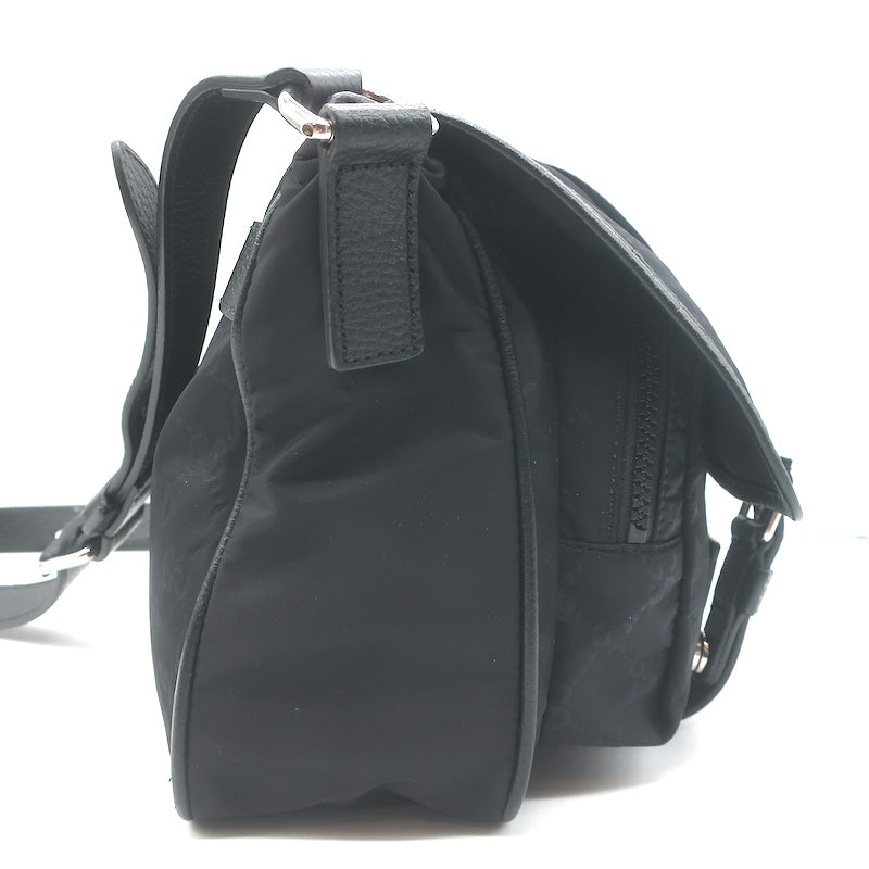 Gucci GG Monogram Double Buckle Flap Messenger Bag Black Nylon