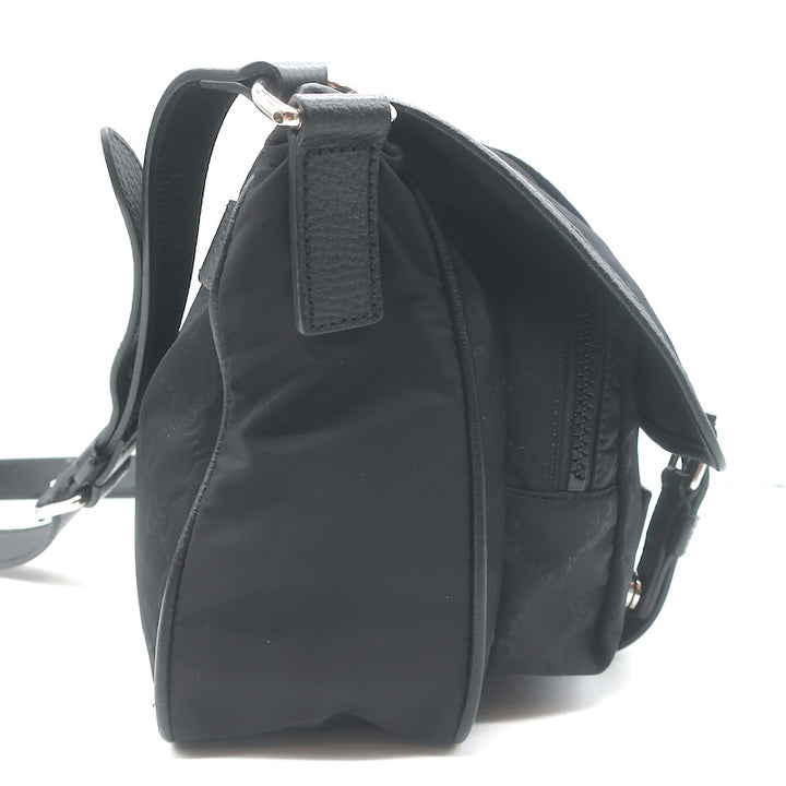 Gucci GG Monogram Double Buckle Flap Messenger Bag Black Nylon