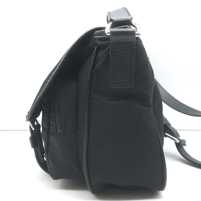 Gucci GG Monogram Double Buckle Flap Messenger Bag Black Nylon