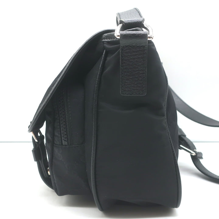 Gucci GG Monogram Double Buckle Flap Messenger Bag Black Nylon