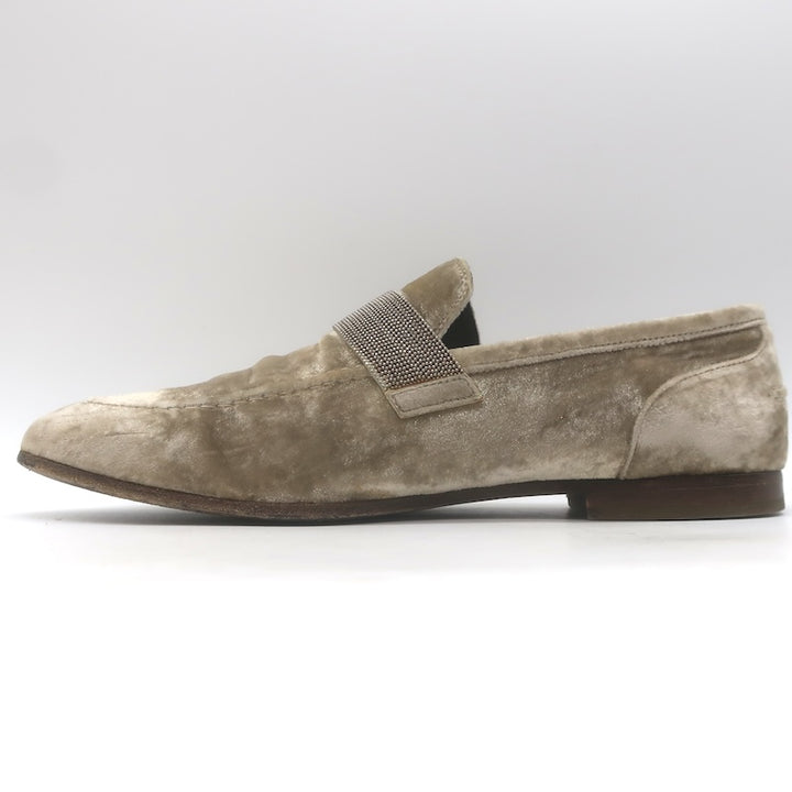 Brunello Cucinelli Monili-Beaded Velvet Loafers Metallic Beige Size 41/ US 10.5