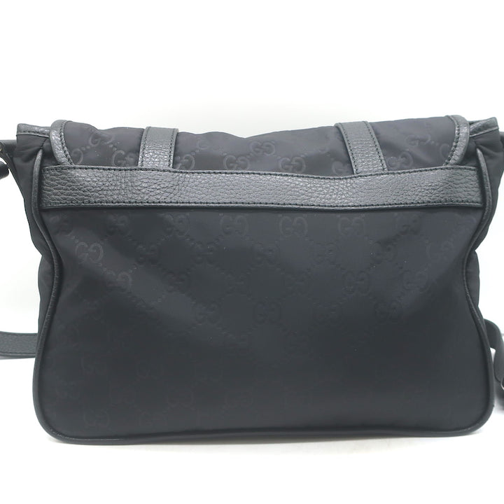 Gucci GG Monogram Double Buckle Flap Messenger Bag Black Nylon