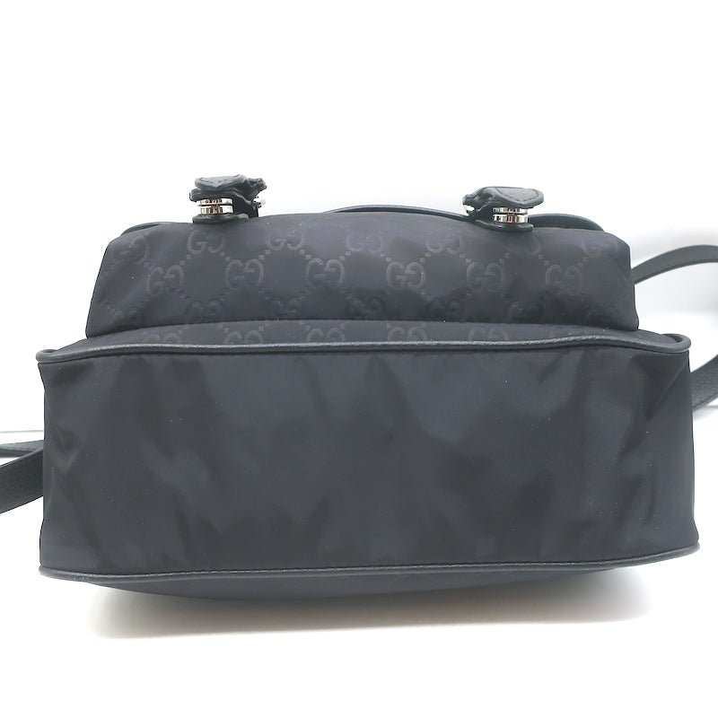 Gucci GG Monogram Double Buckle Flap Messenger Bag Black Nylon