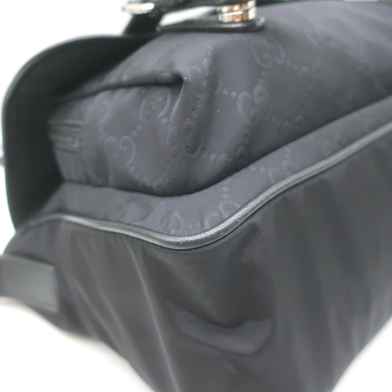 Gucci GG Monogram Double Buckle Flap Messenger Bag Black Nylon
