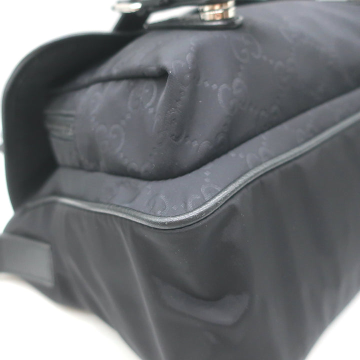Gucci GG Monogram Double Buckle Flap Messenger Bag Black Nylon
