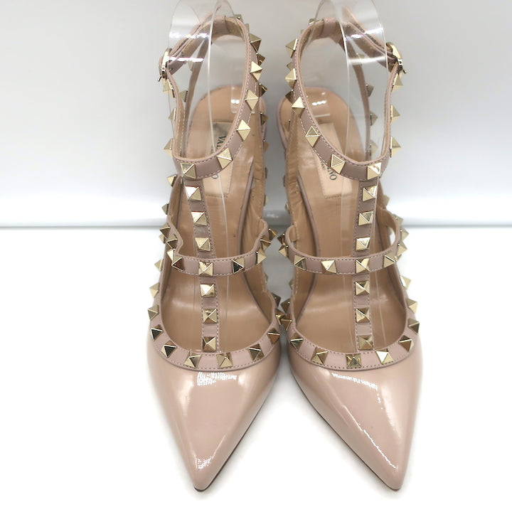 Valentino Rockstud T-Strap Pointed Toe Pumps Poudre Leather &amp; Patent Size 39