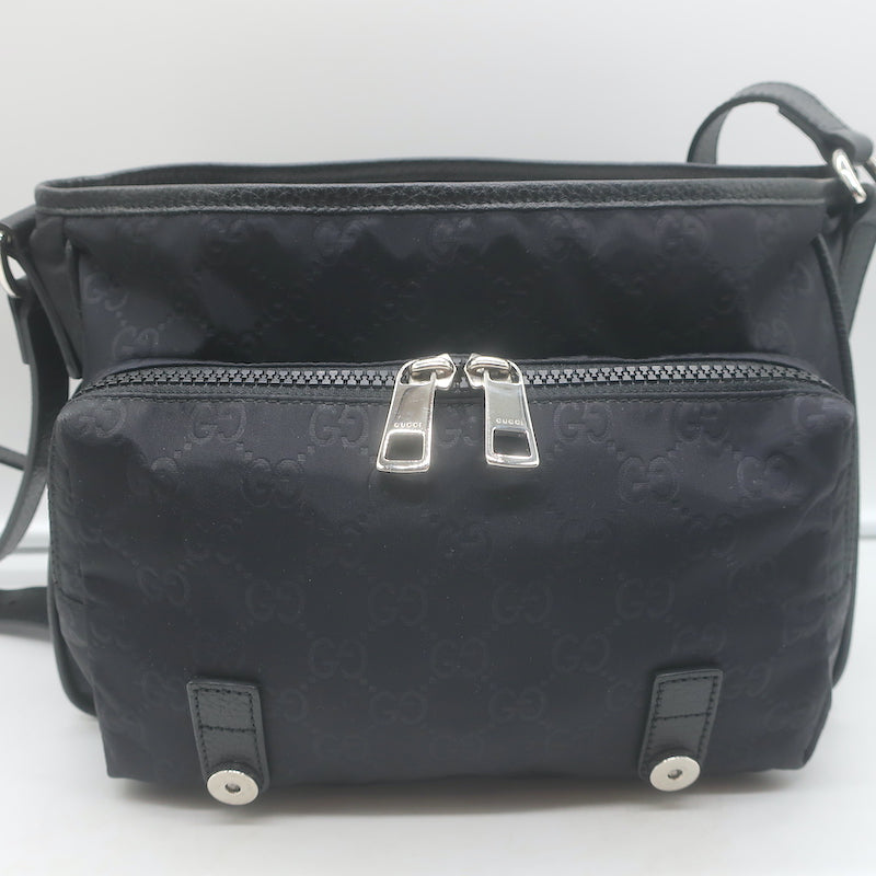 Gucci GG Monogram Double Buckle Flap Messenger Bag Black Nylon