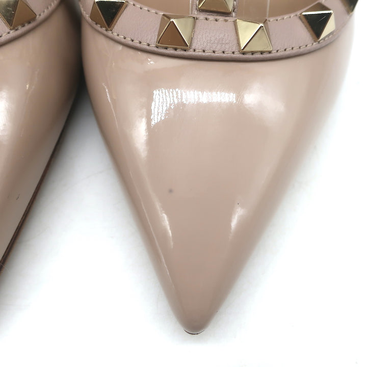 Valentino Rockstud T-Strap Pointed Toe Pumps Poudre Leather &amp; Patent Size 39