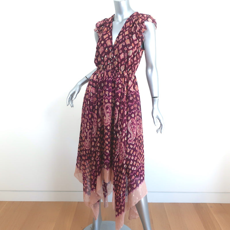 Ulla Johnson Asymmetric Midi Dress Aurelie Bordeaux Silk-Blend Fil Coupe Size 6