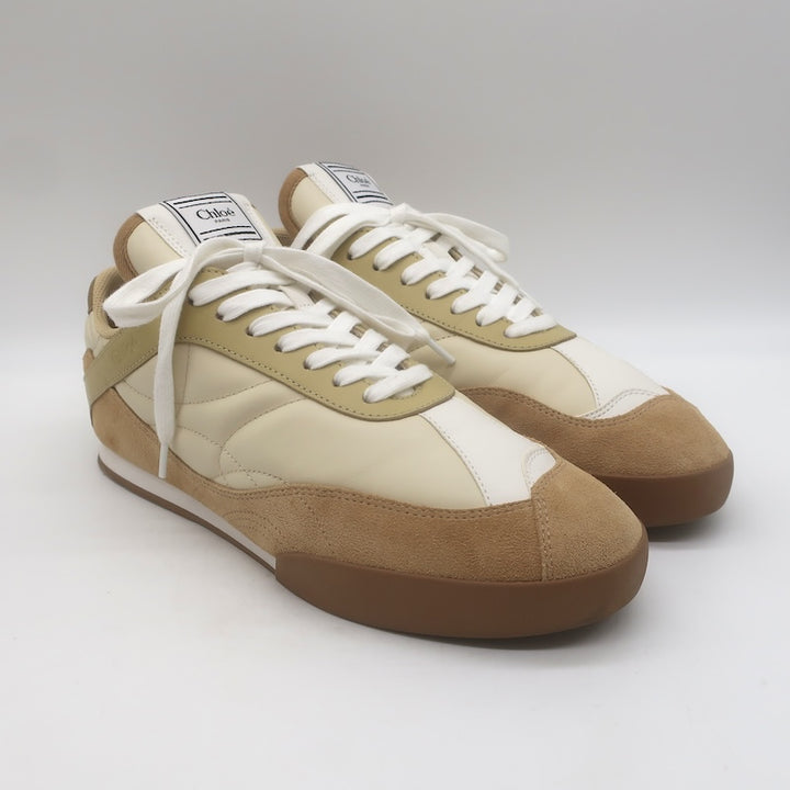Chloe Kick Quilted Low Top Sneakers Ecru Leather &amp; Camel Suede Size 41 / US 10.5