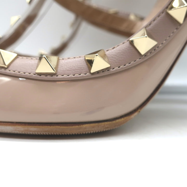 Valentino Rockstud T-Strap Pointed Toe Pumps Poudre Leather &amp; Patent Size 39