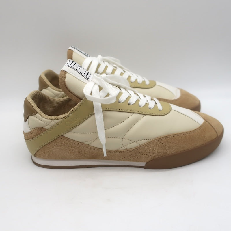 Chloe Kick Quilted Low Top Sneakers Ecru Leather &amp; Camel Suede Size 41 / US 10.5