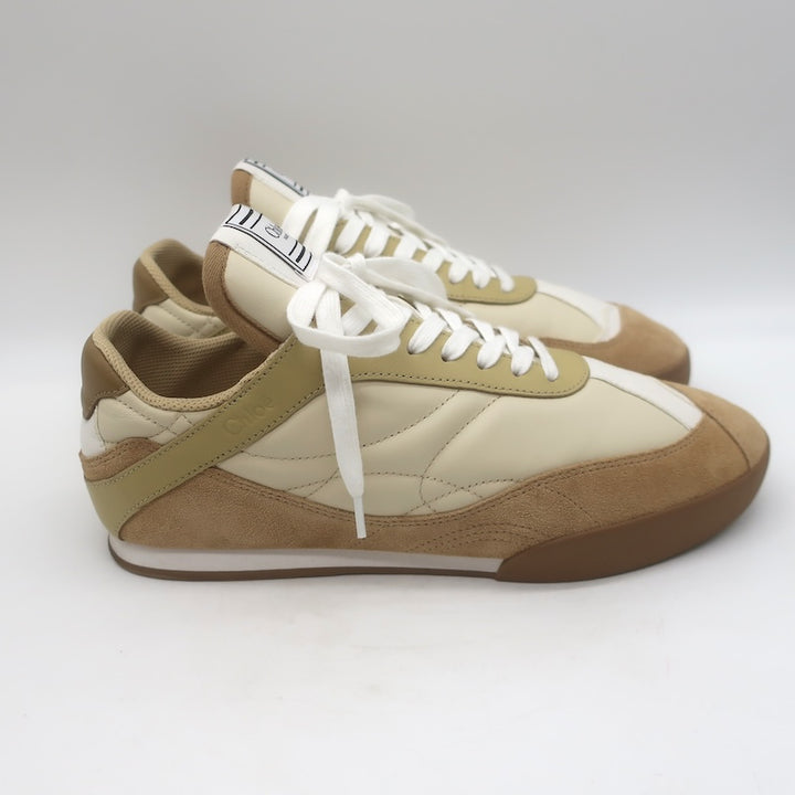 Chloe Kick Quilted Low Top Sneakers Ecru Leather &amp; Camel Suede Size 41 / US 10.5